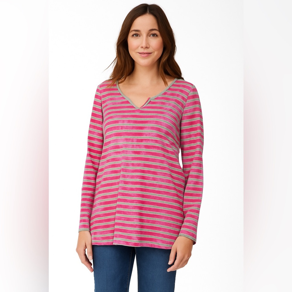 St. Johns Bay Pink and Gray Striped Long Sleeve Top size LT